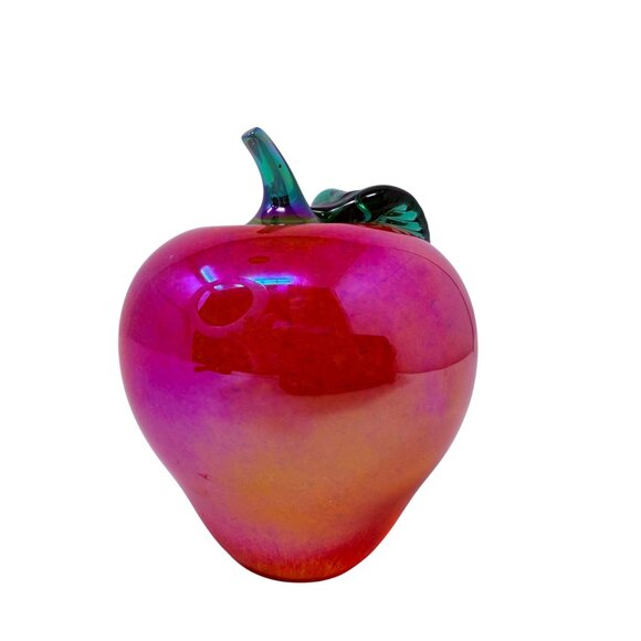 Vintage Glass Eye Studio Red Iridescent Glass Apple Paperweight, Signed GES 99 - Picture 3 of 9